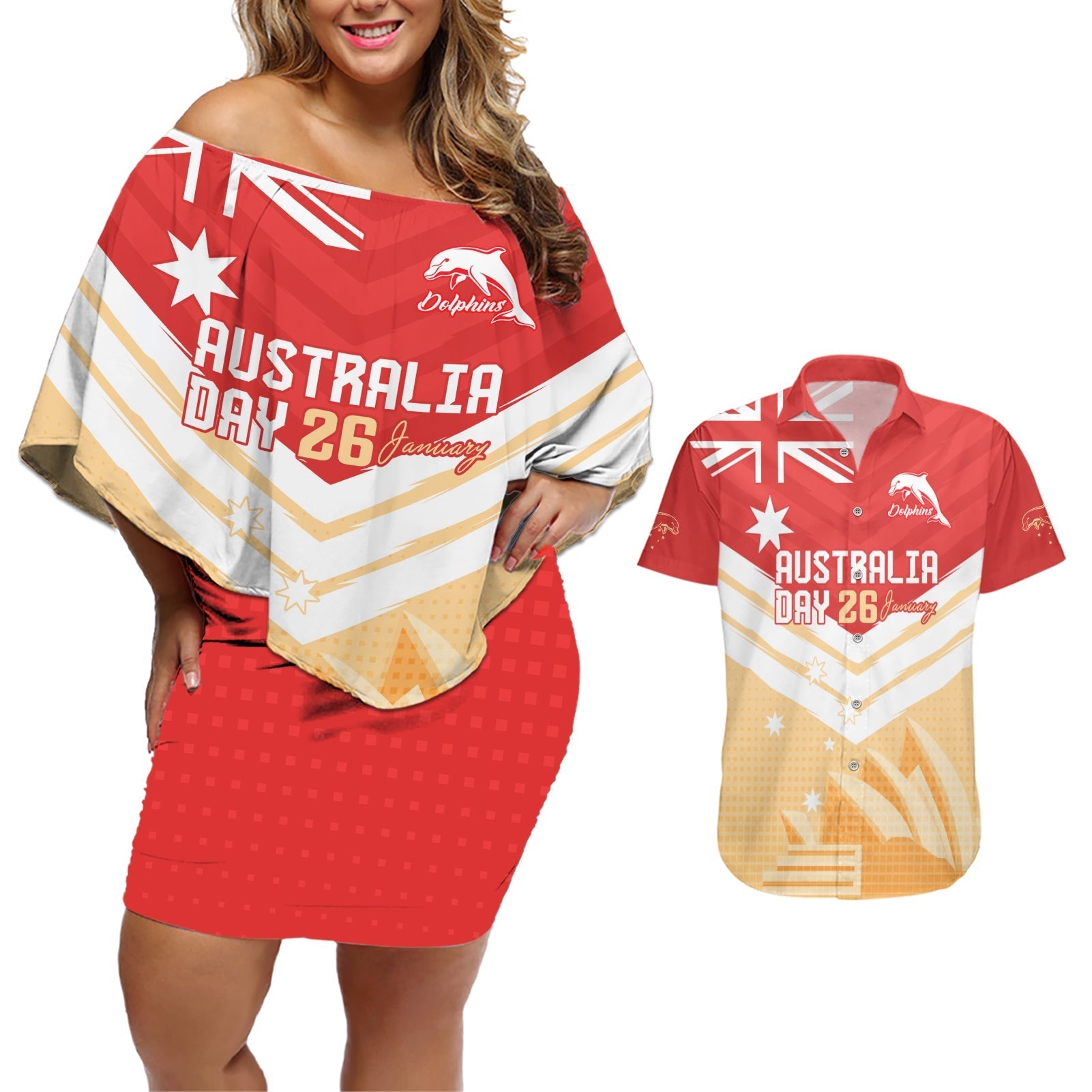 NRL Dolphins Australia Day Custom Couples Matching Off Shoulder Short Dress and Hawaiian Shirt Sydney Opera House Style