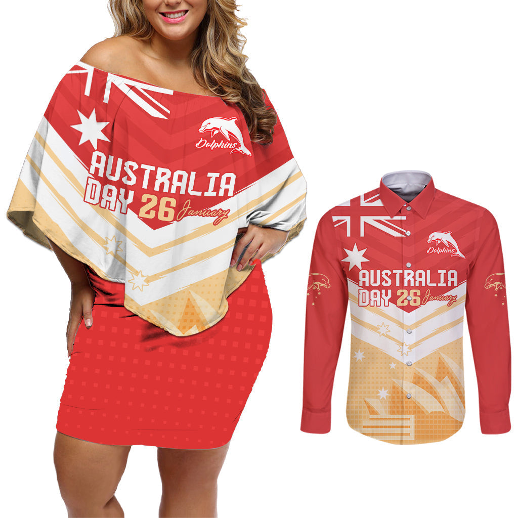 NRL Dolphins Australia Day Custom Couples Matching Off Shoulder Short Dress and Long Sleeve Button Shirt Sydney Opera House Style