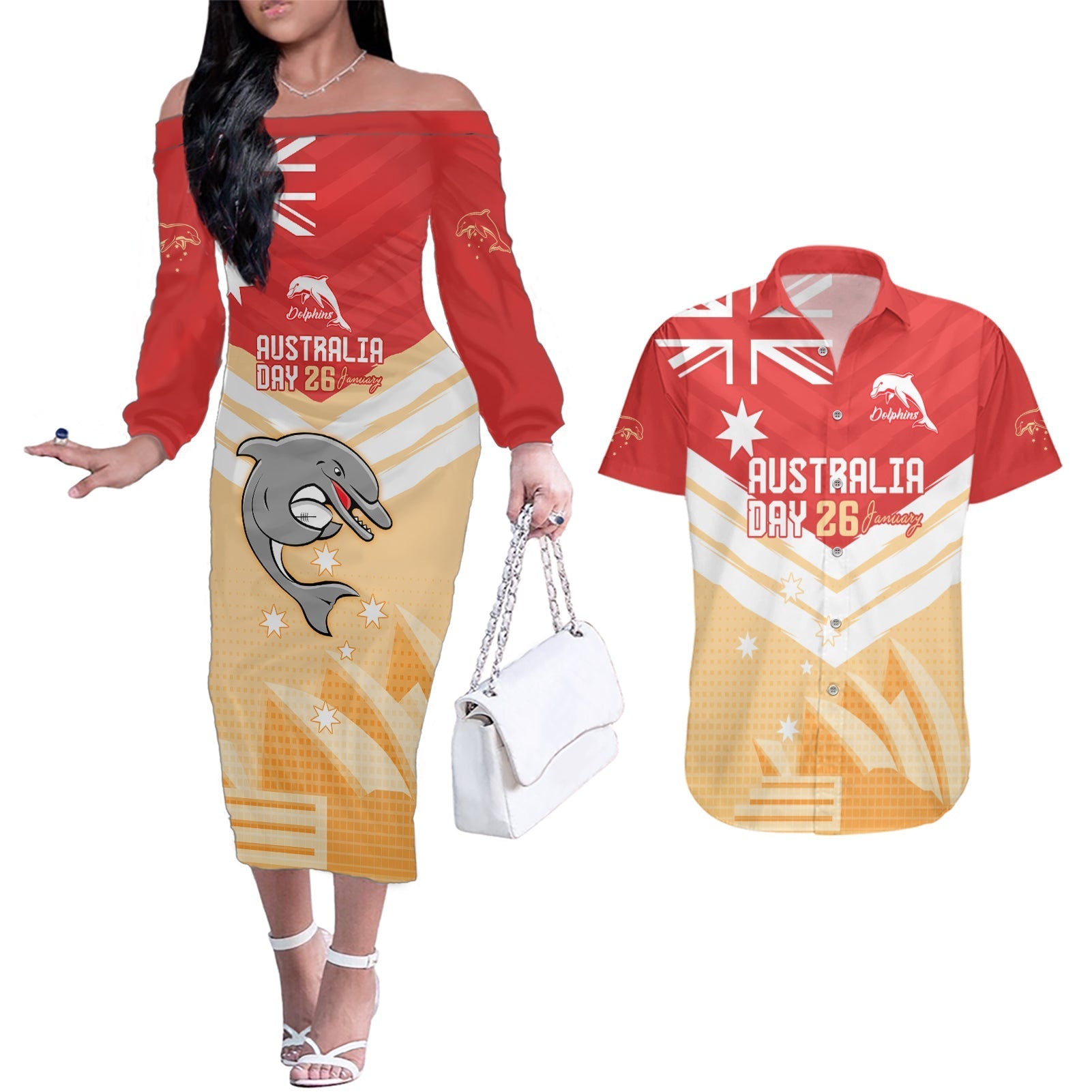 NRL Dolphins Australia Day Custom Couples Matching Off The Shoulder Long Sleeve Dress and Hawaiian Shirt Sydney Opera House Style