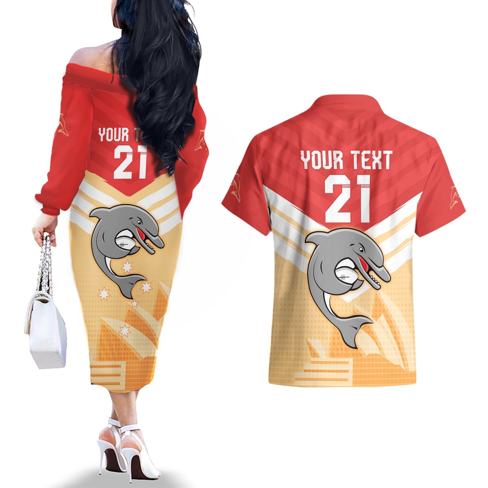 NRL Dolphins Australia Day Custom Couples Matching Off The Shoulder Long Sleeve Dress and Hawaiian Shirt Sydney Opera House Style