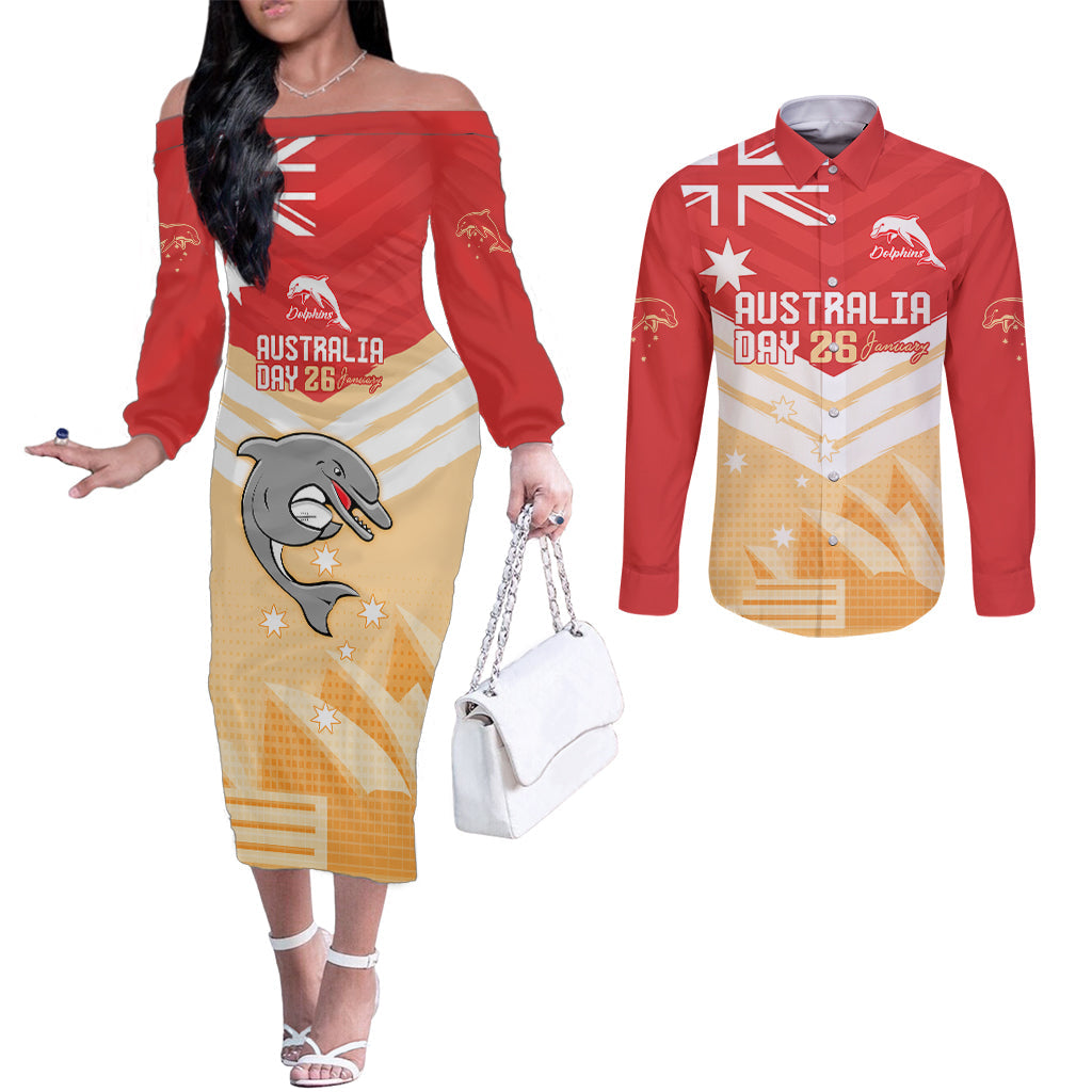 NRL Dolphins Australia Day Custom Couples Matching Off The Shoulder Long Sleeve Dress and Long Sleeve Button Shirt Sydney Opera House Style