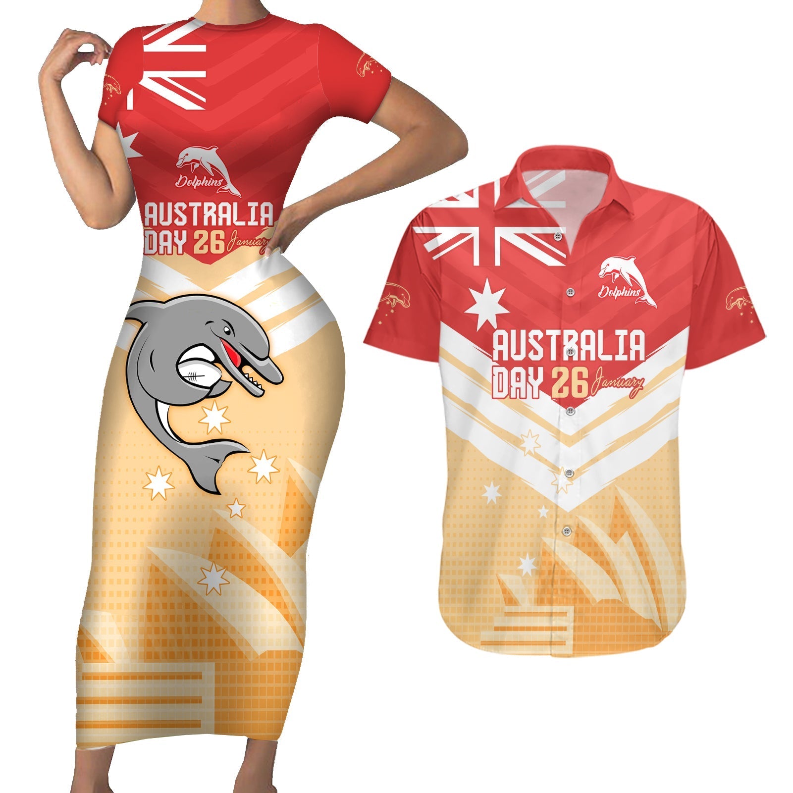 NRL Dolphins Australia Day Custom Couples Matching Short Sleeve Bodycon Dress and Hawaiian Shirt Sydney Opera House Style