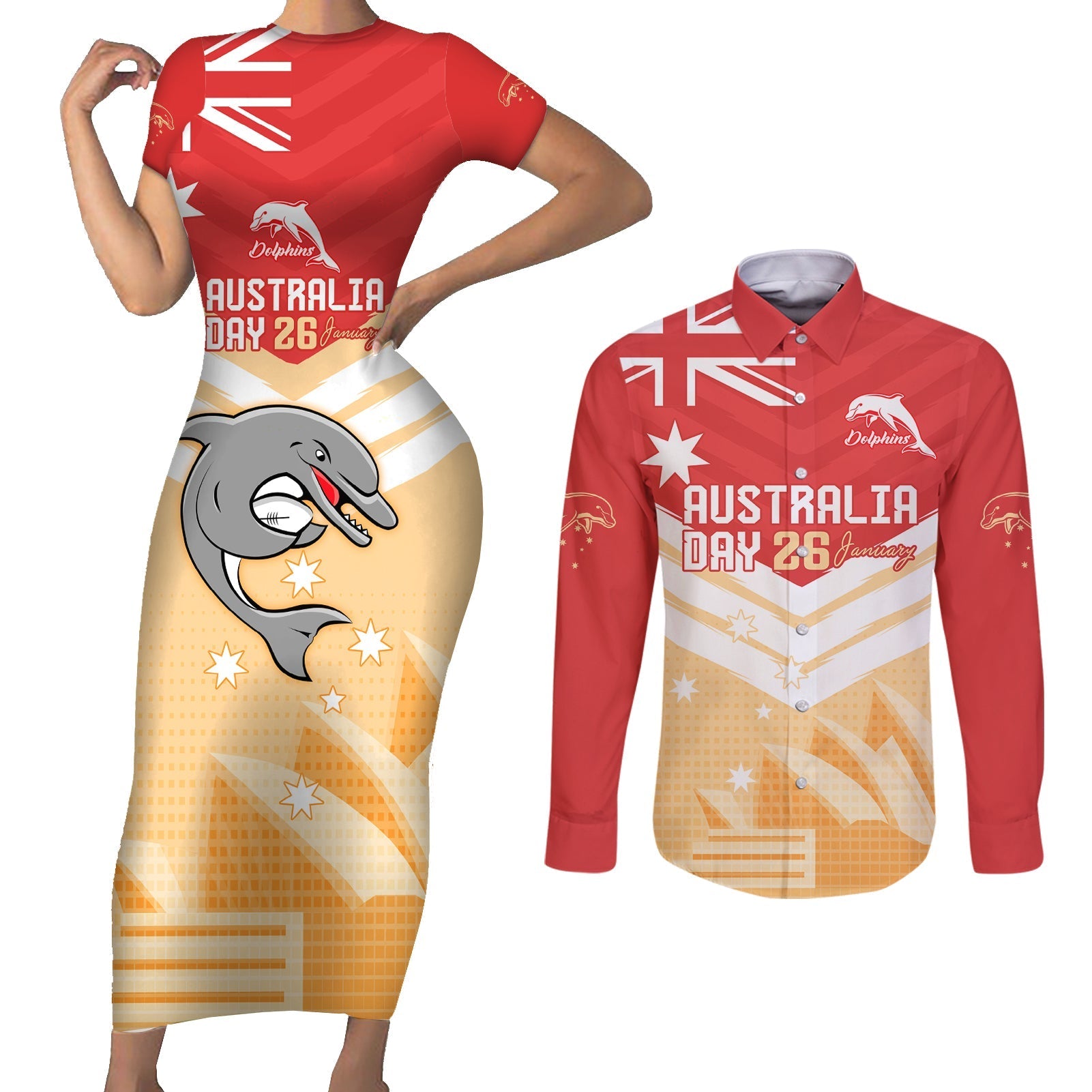 NRL Dolphins Australia Day Custom Couples Matching Short Sleeve Bodycon Dress and Long Sleeve Button Shirt Sydney Opera House Style