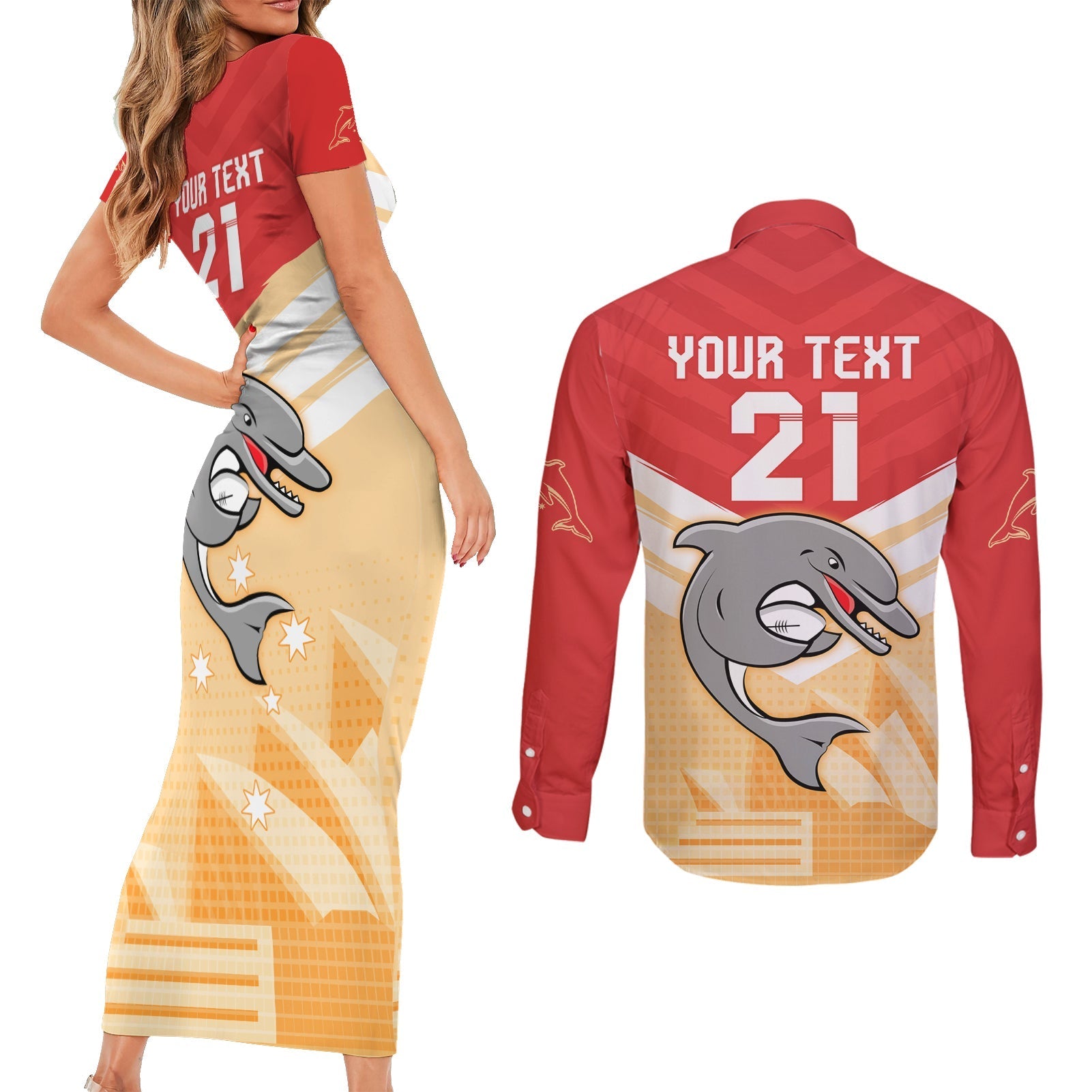 NRL Dolphins Australia Day Custom Couples Matching Short Sleeve Bodycon Dress and Long Sleeve Button Shirt Sydney Opera House Style