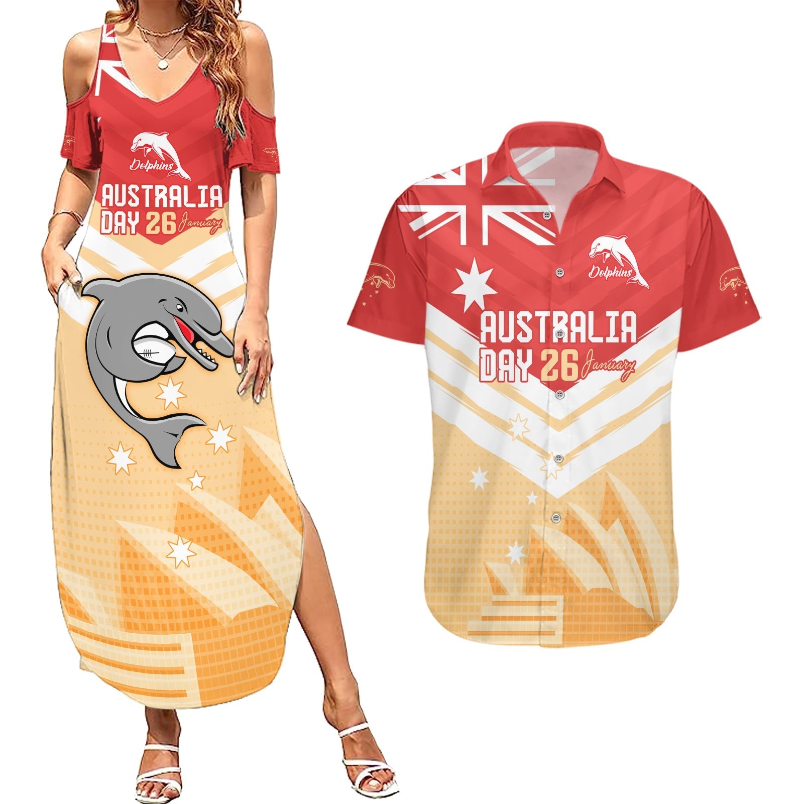 NRL Dolphins Australia Day Custom Couples Matching Summer Maxi Dress and Hawaiian Shirt Sydney Opera House Style