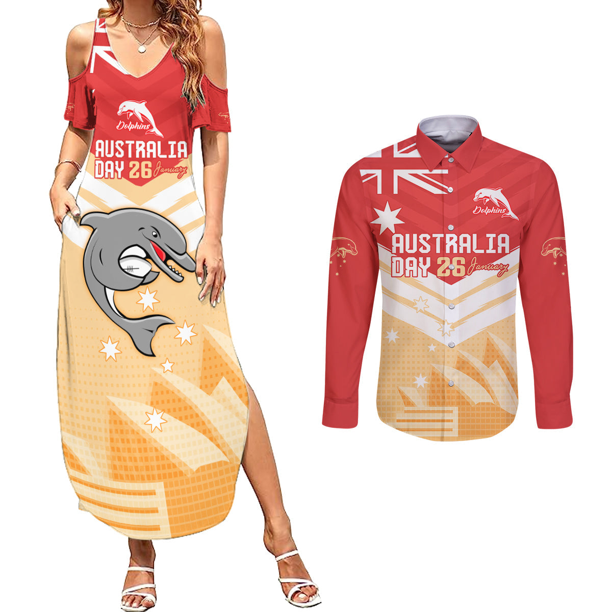 NRL Dolphins Australia Day Custom Couples Matching Summer Maxi Dress and Long Sleeve Button Shirt Sydney Opera House Style