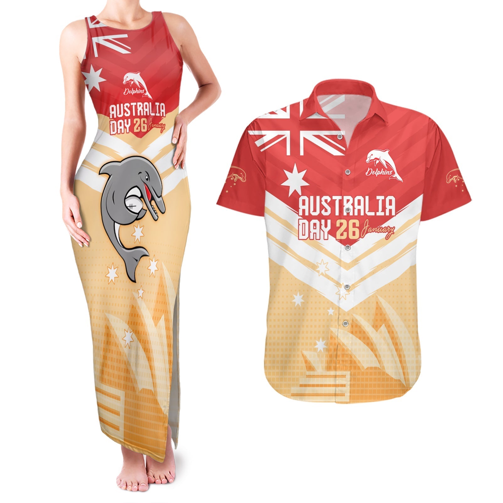 NRL Dolphins Australia Day Custom Couples Matching Tank Maxi Dress and Hawaiian Shirt Sydney Opera House Style