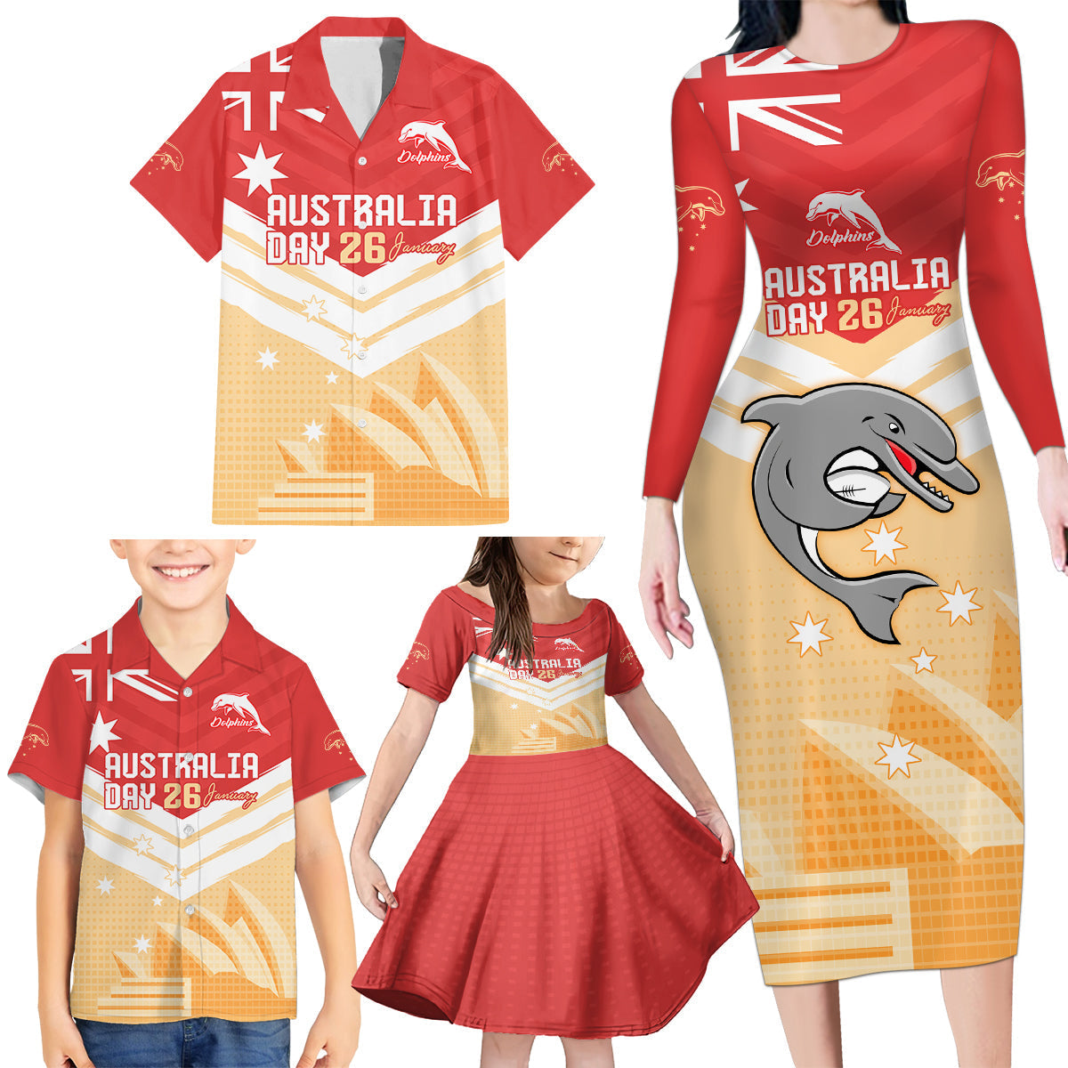 NRL Dolphins Australia Day Custom Family Matching Long Sleeve Bodycon Dress and Hawaiian Shirt Sydney Opera House Style