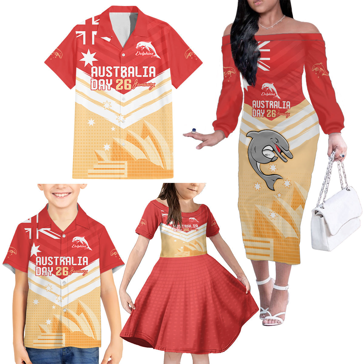 NRL Dolphins Australia Day Custom Family Matching Off Shoulder Long Sleeve Dress and Hawaiian Shirt Sydney Opera House Style