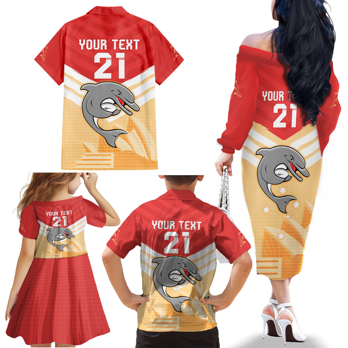 NRL Dolphins Australia Day Custom Family Matching Off Shoulder Long Sleeve Dress and Hawaiian Shirt Sydney Opera House Style