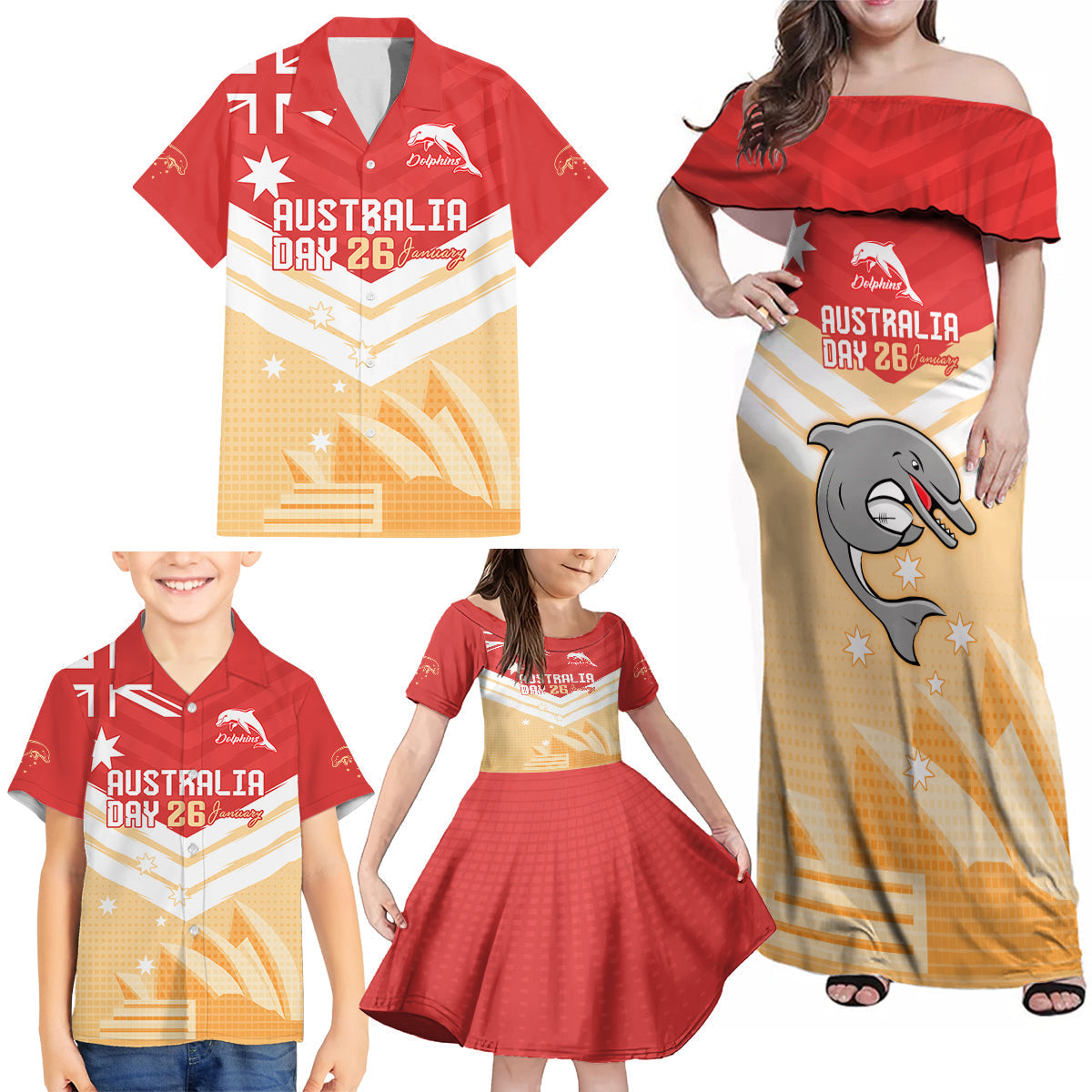 NRL Dolphins Australia Day Custom Family Matching Off Shoulder Maxi Dress and Hawaiian Shirt Sydney Opera House Style