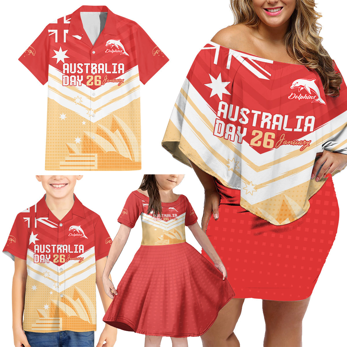 NRL Dolphins Australia Day Custom Family Matching Off Shoulder Short Dress and Hawaiian Shirt Sydney Opera House Style