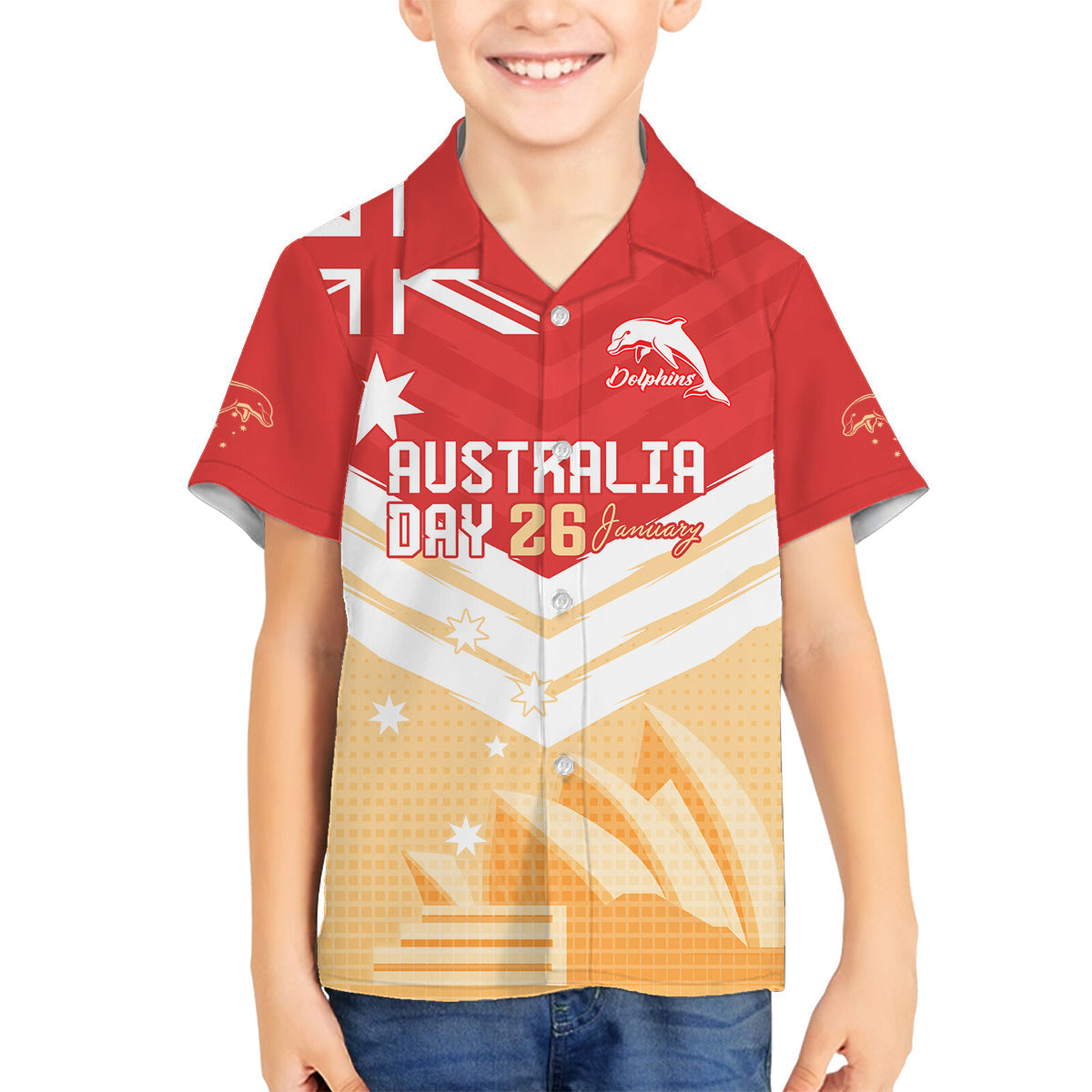 NRL Dolphins Australia Day Custom Family Matching Off Shoulder Short Dress and Hawaiian Shirt Sydney Opera House Style