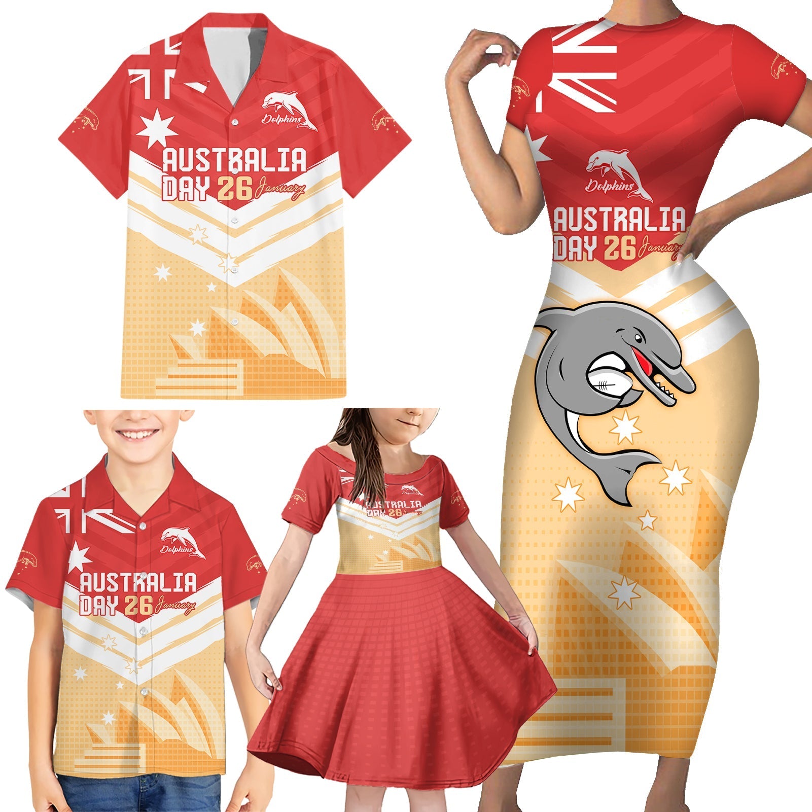 NRL Dolphins Australia Day Custom Family Matching Short Sleeve Bodycon Dress and Hawaiian Shirt Sydney Opera House Style