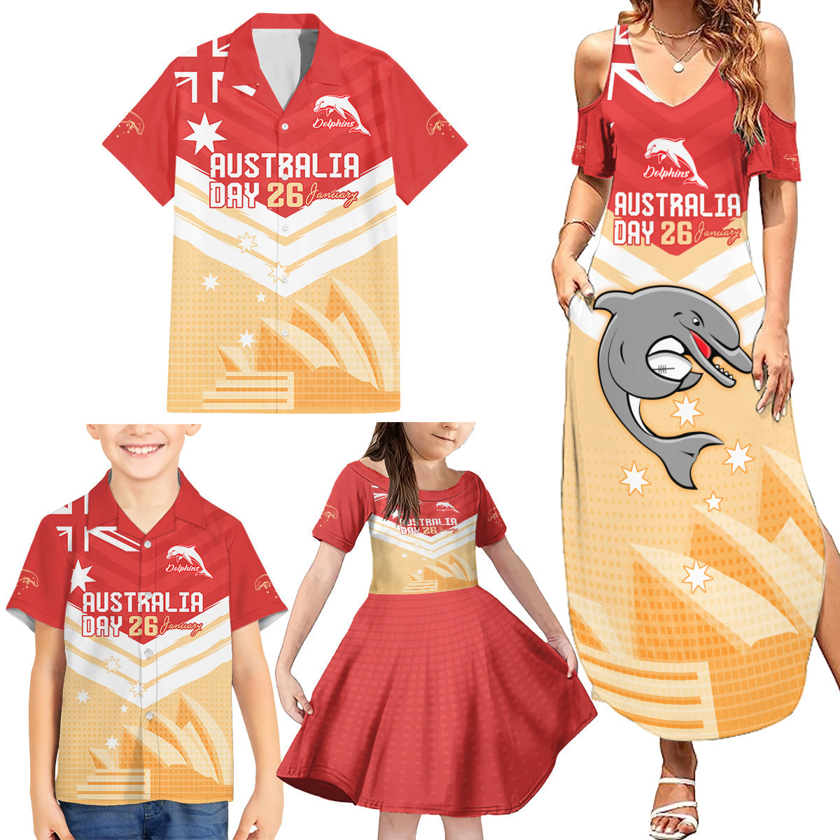 NRL Dolphins Australia Day Custom Family Matching Summer Maxi Dress and Hawaiian Shirt Sydney Opera House Style