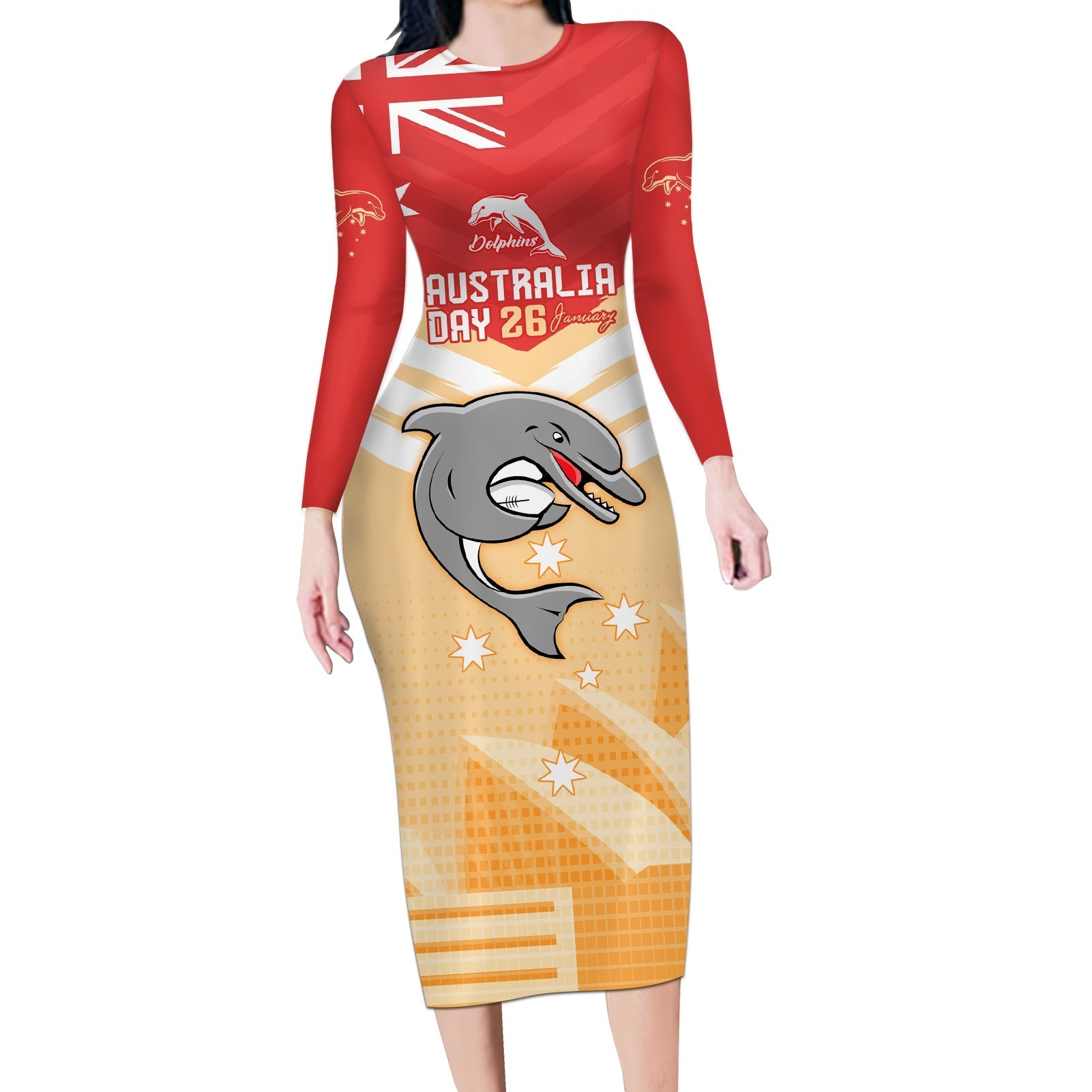 NRL Dolphins Australia Day Custom Long Sleeve Bodycon Dress Sydney Opera House Style