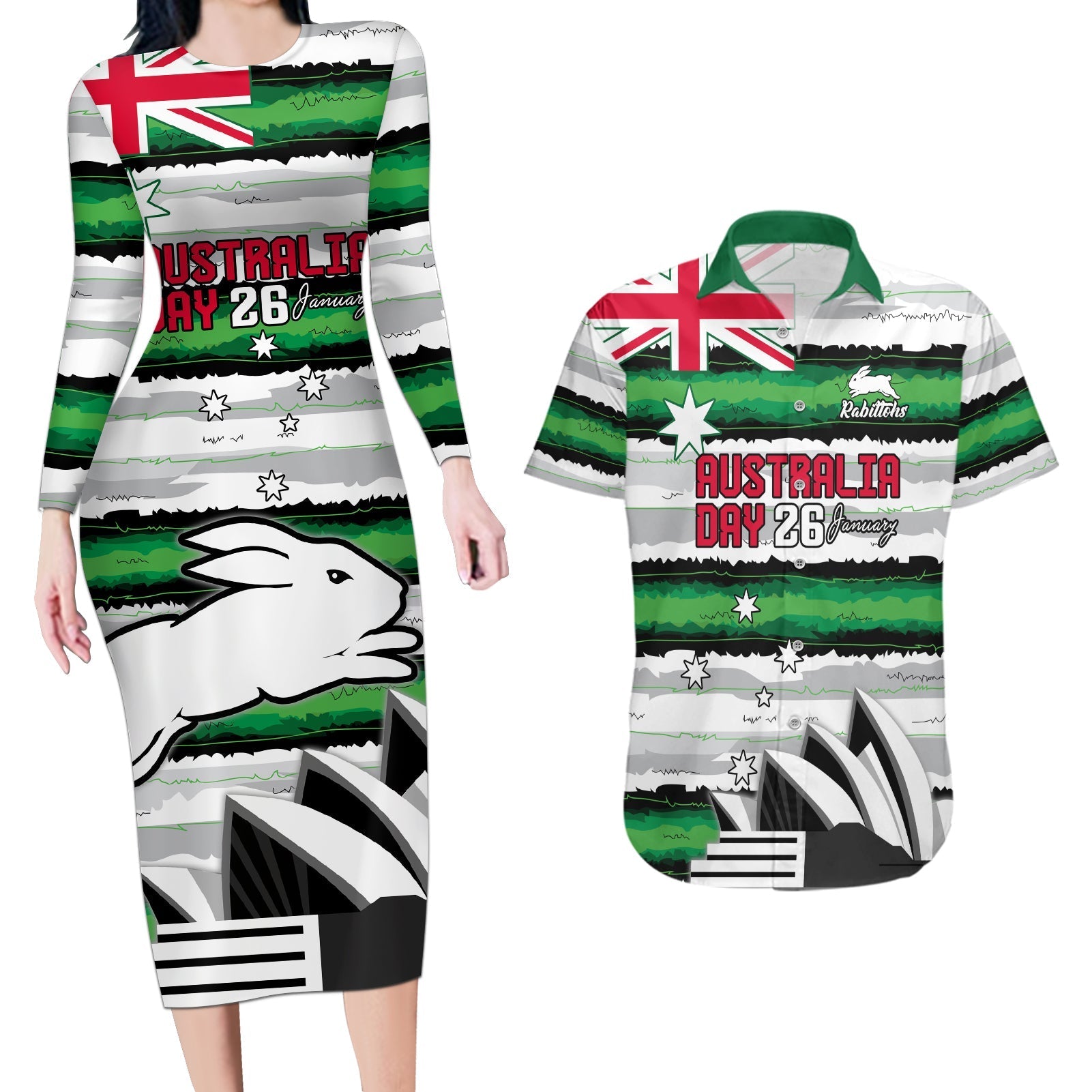 NRL Rabittohs Australia Day Custom Couples Matching Long Sleeve Bodycon Dress and Hawaiian Shirt Sydney Opera House Glory Glory