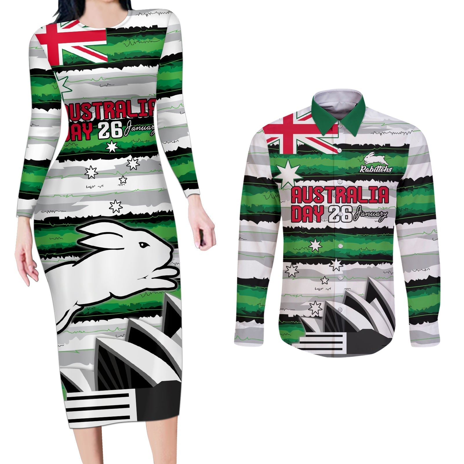 NRL Rabittohs Australia Day Custom Couples Matching Long Sleeve Bodycon Dress and Long Sleeve Button Shirt Sydney Opera House Glory Glory