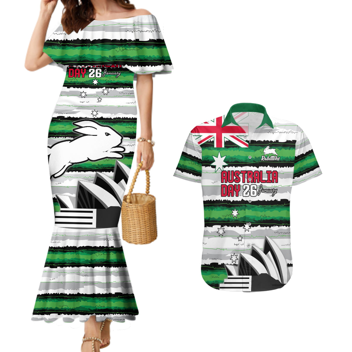 NRL Rabittohs Australia Day Custom Couples Matching Mermaid Dress and Hawaiian Shirt Sydney Opera House Glory Glory