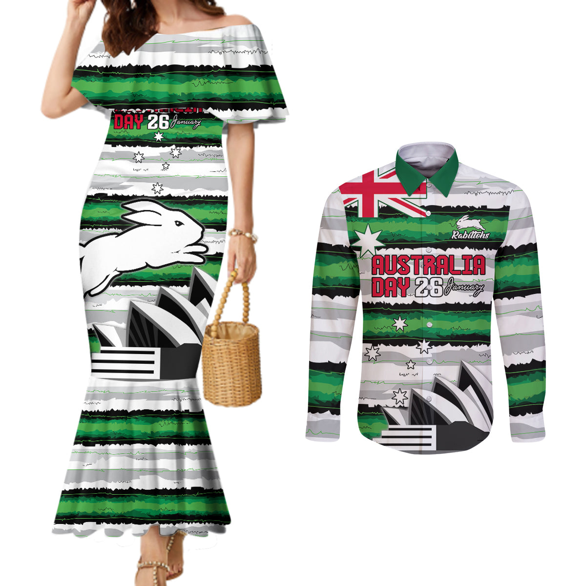 NRL Rabittohs Australia Day Custom Couples Matching Mermaid Dress and Long Sleeve Button Shirt Sydney Opera House Glory Glory