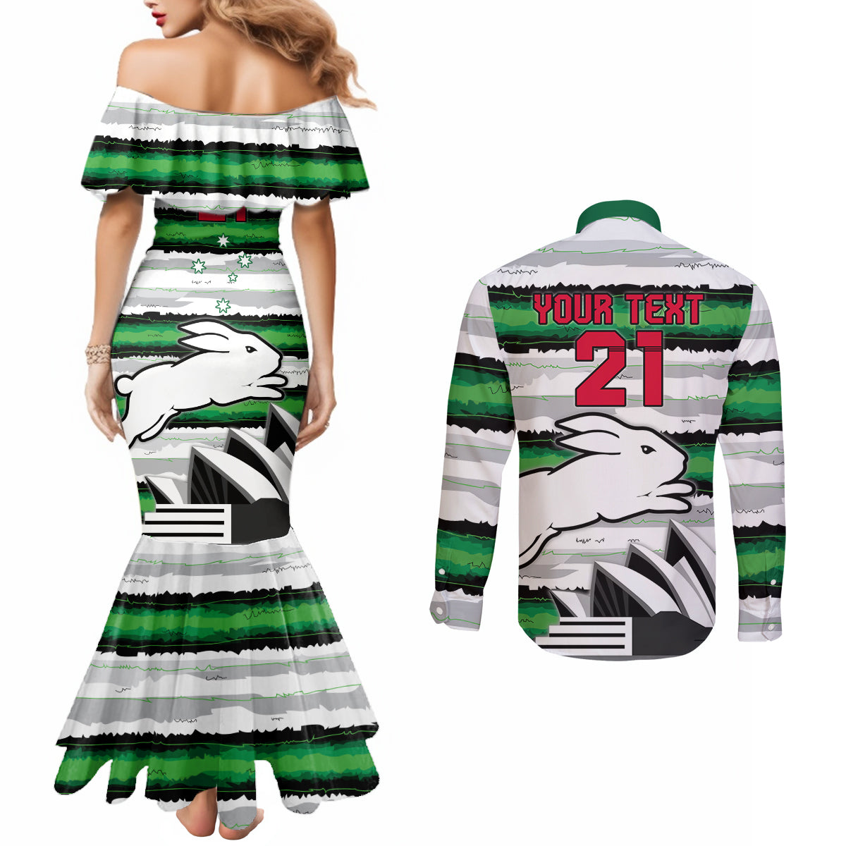 NRL Rabittohs Australia Day Custom Couples Matching Mermaid Dress and Long Sleeve Button Shirt Sydney Opera House Glory Glory