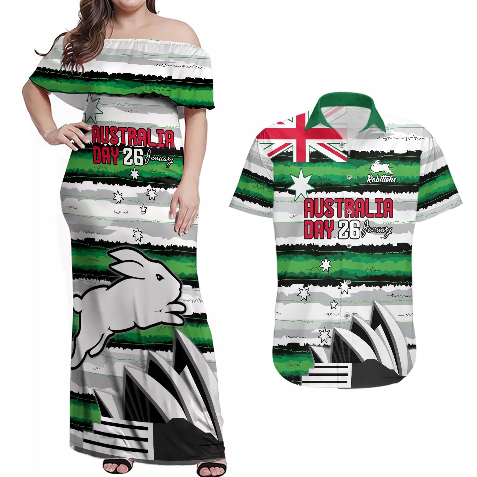 NRL Rabittohs Australia Day Custom Couples Matching Off Shoulder Maxi Dress and Hawaiian Shirt Sydney Opera House Glory Glory