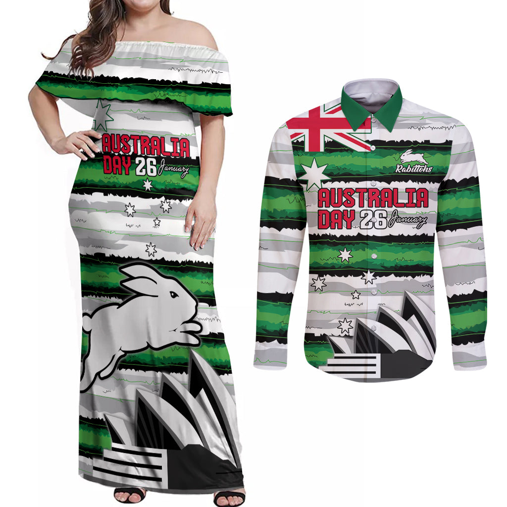 NRL Rabittohs Australia Day Custom Couples Matching Off Shoulder Maxi Dress and Long Sleeve Button Shirt Sydney Opera House Glory Glory