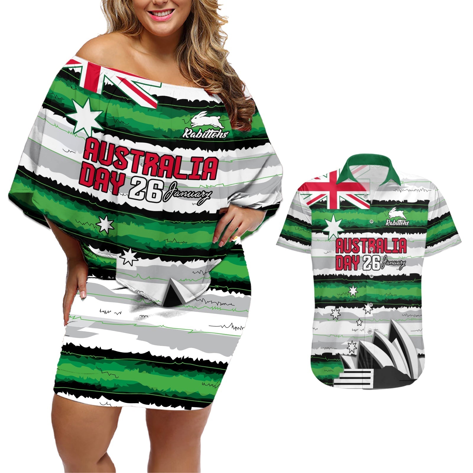 NRL Rabittohs Australia Day Custom Couples Matching Off Shoulder Short Dress and Hawaiian Shirt Sydney Opera House Glory Glory