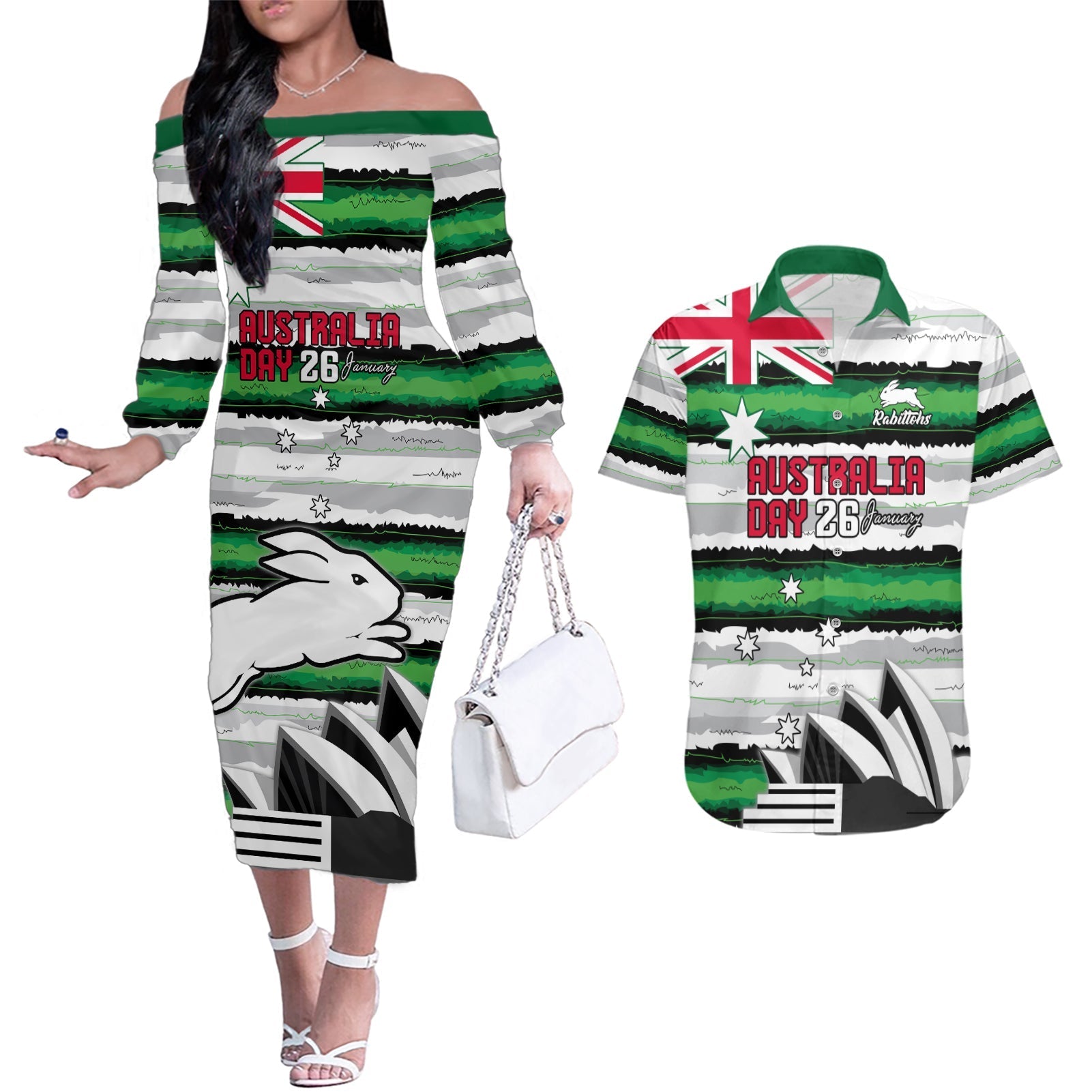 NRL Rabittohs Australia Day Custom Couples Matching Off The Shoulder Long Sleeve Dress and Hawaiian Shirt Sydney Opera House Glory Glory