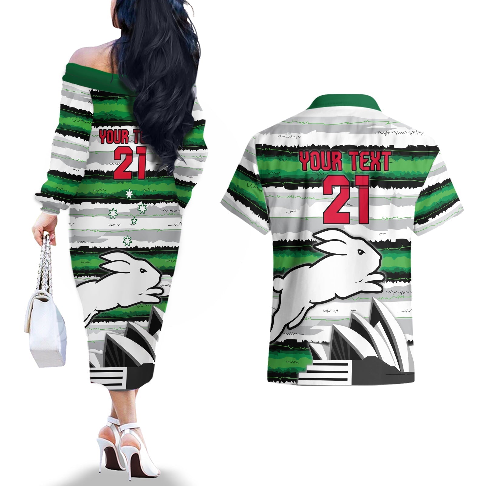 NRL Rabittohs Australia Day Custom Couples Matching Off The Shoulder Long Sleeve Dress and Hawaiian Shirt Sydney Opera House Glory Glory