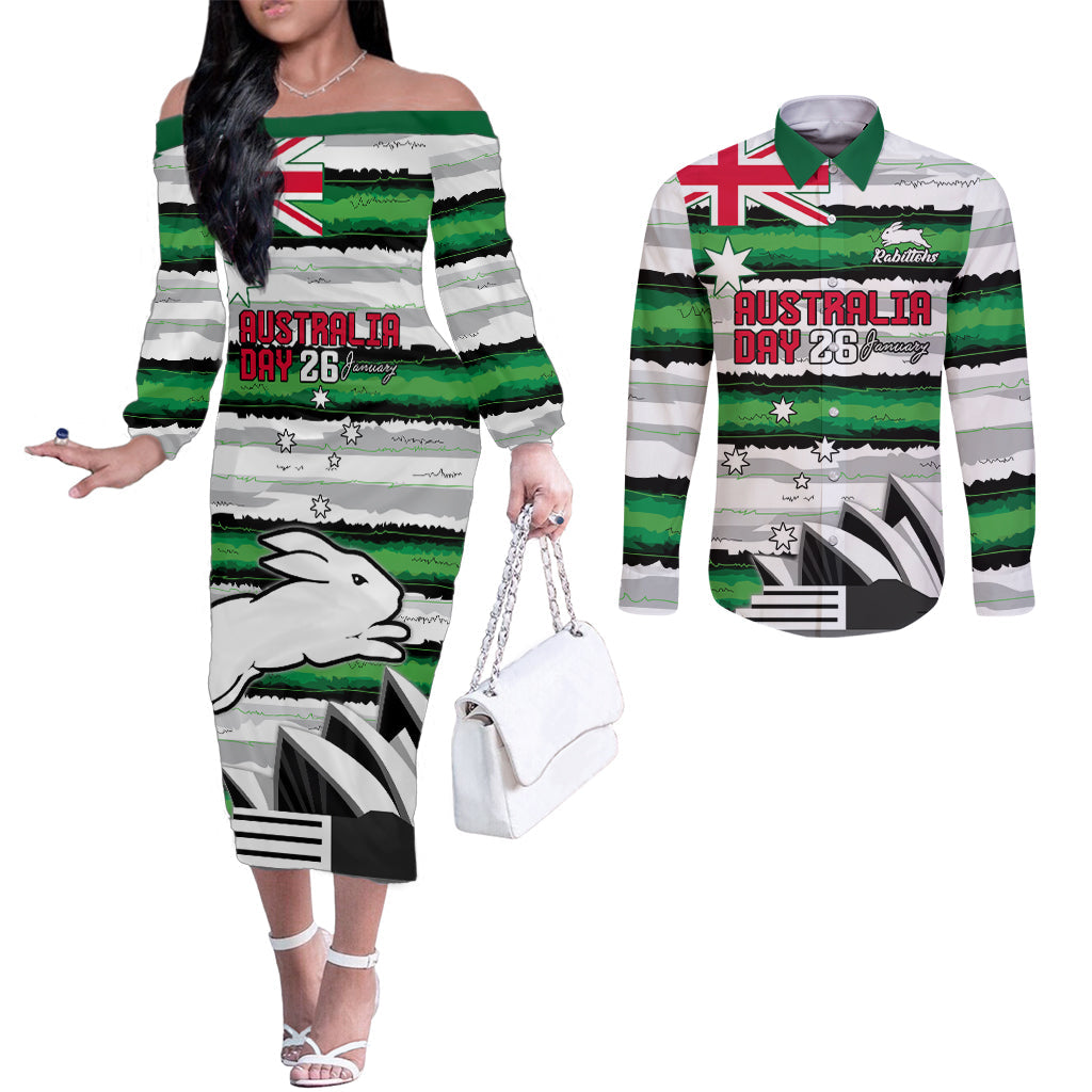 NRL Rabittohs Australia Day Custom Couples Matching Off The Shoulder Long Sleeve Dress and Long Sleeve Button Shirt Sydney Opera House Glory Glory