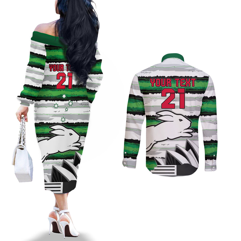 NRL Rabittohs Australia Day Custom Couples Matching Off The Shoulder Long Sleeve Dress and Long Sleeve Button Shirt Sydney Opera House Glory Glory