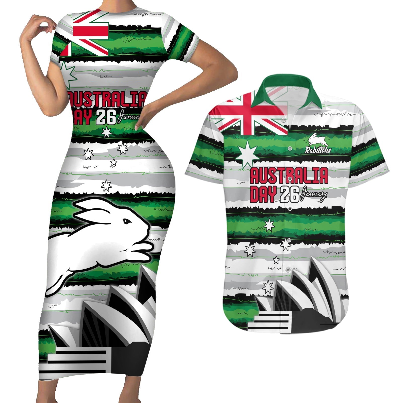 NRL Rabittohs Australia Day Custom Couples Matching Short Sleeve Bodycon Dress and Hawaiian Shirt Sydney Opera House Glory Glory