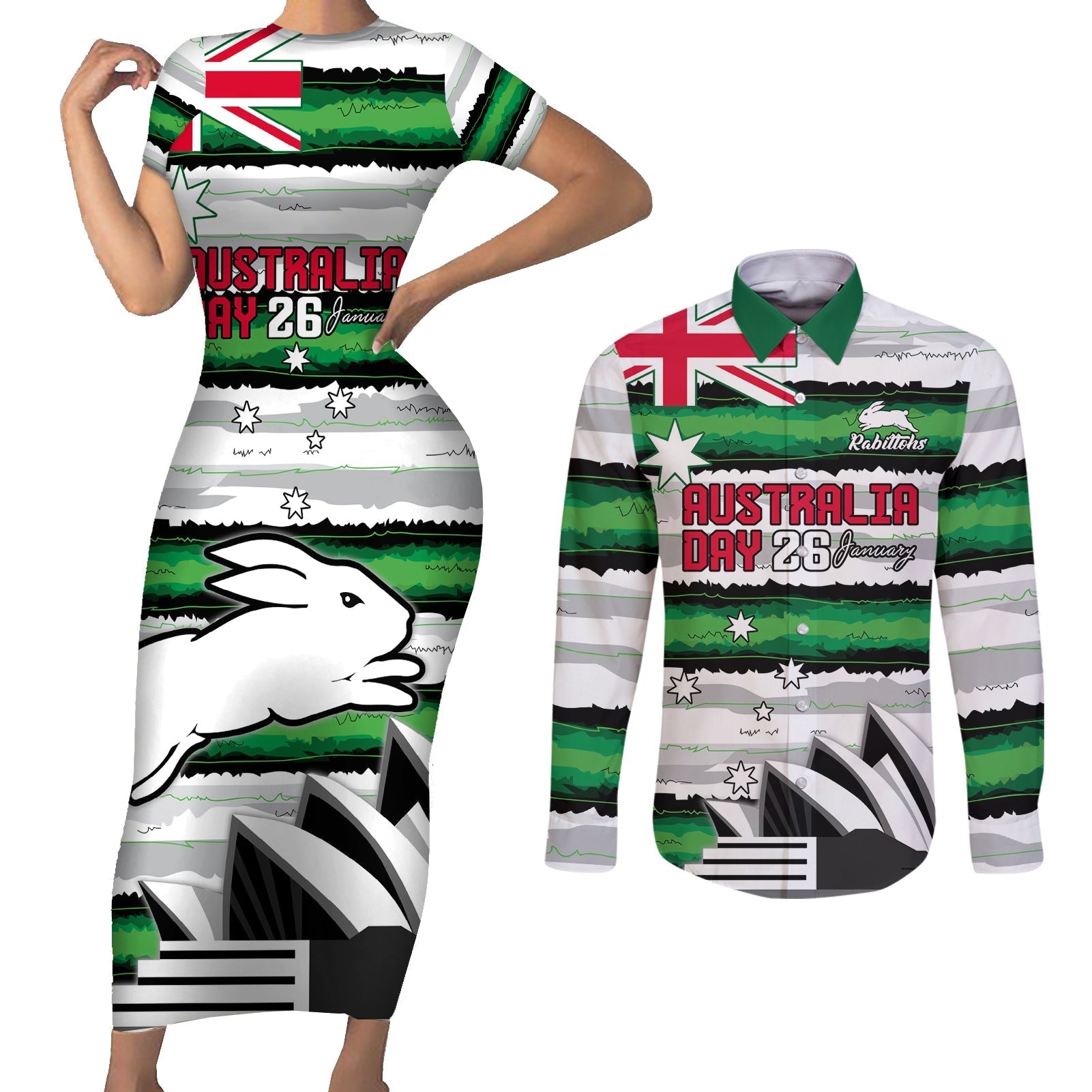 NRL Rabittohs Australia Day Custom Couples Matching Short Sleeve Bodycon Dress and Long Sleeve Button Shirt Sydney Opera House Glory Glory