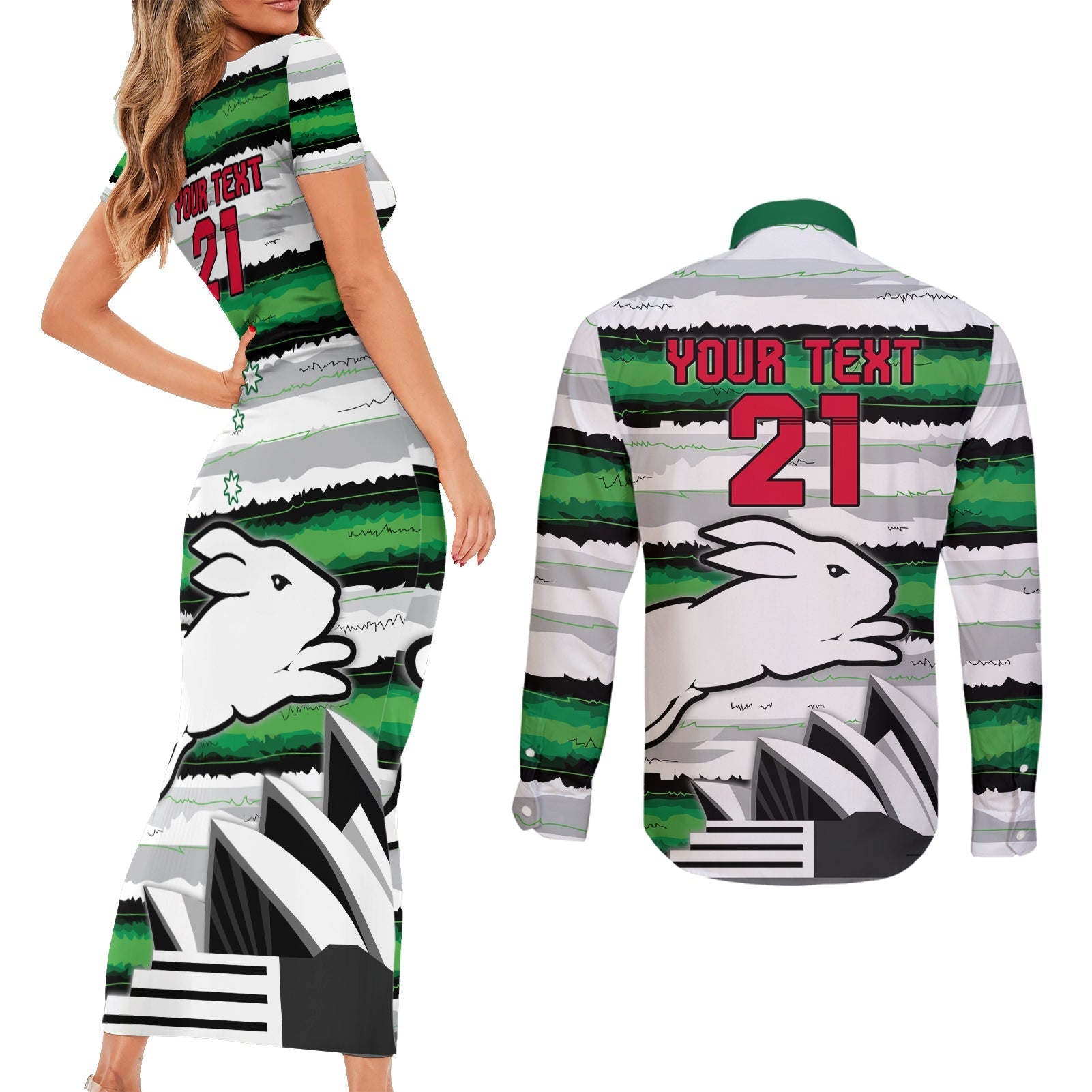 NRL Rabittohs Australia Day Custom Couples Matching Short Sleeve Bodycon Dress and Long Sleeve Button Shirt Sydney Opera House Glory Glory