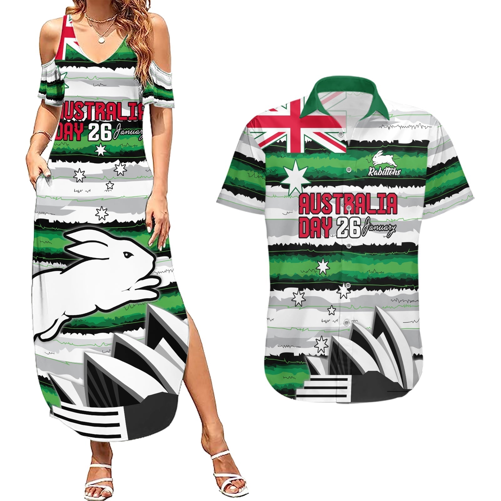 NRL Rabittohs Australia Day Custom Couples Matching Summer Maxi Dress and Hawaiian Shirt Sydney Opera House Glory Glory