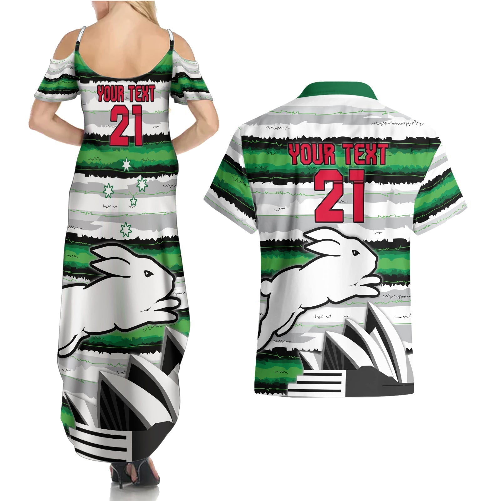 NRL Rabittohs Australia Day Custom Couples Matching Summer Maxi Dress and Hawaiian Shirt Sydney Opera House Glory Glory