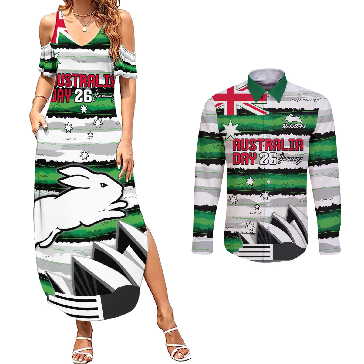 NRL Rabittohs Australia Day Custom Couples Matching Summer Maxi Dress and Long Sleeve Button Shirt Sydney Opera House Glory Glory