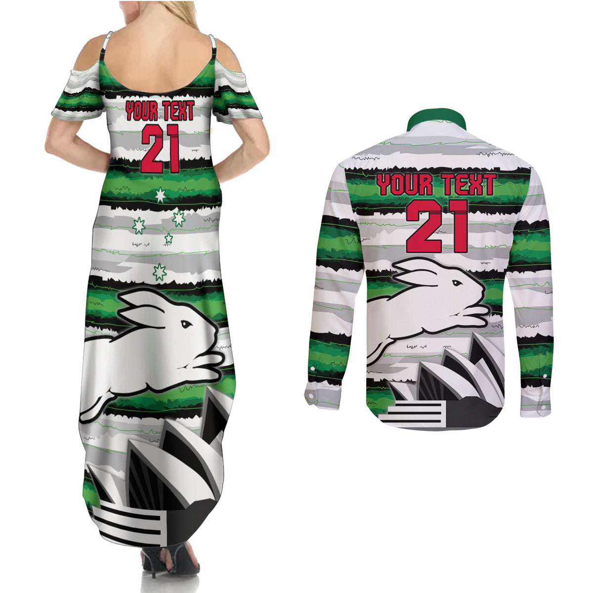 NRL Rabittohs Australia Day Custom Couples Matching Summer Maxi Dress and Long Sleeve Button Shirt Sydney Opera House Glory Glory