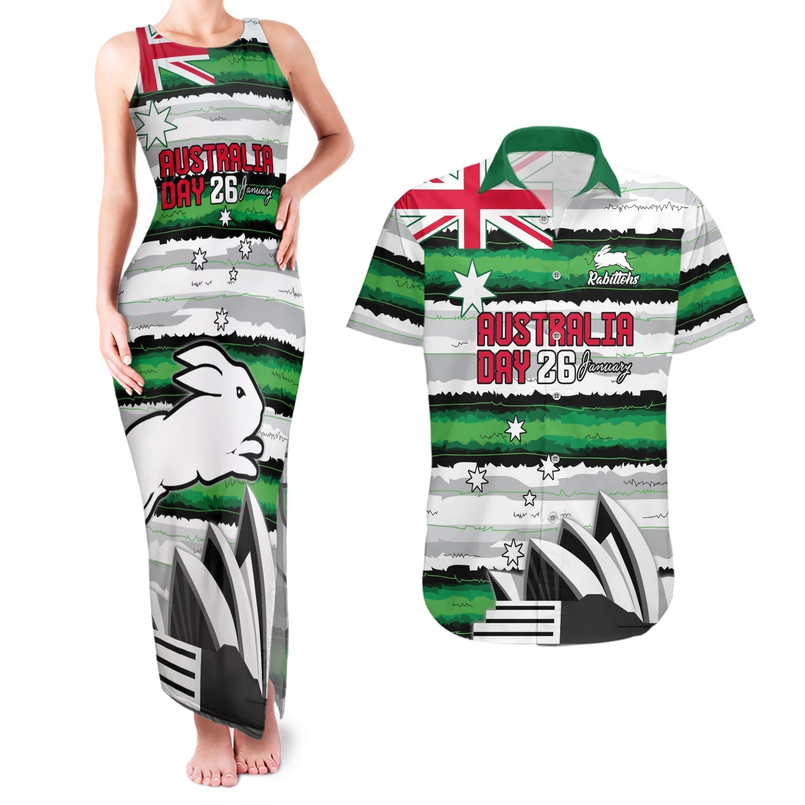 NRL Rabittohs Australia Day Custom Couples Matching Tank Maxi Dress and Hawaiian Shirt Sydney Opera House Glory Glory