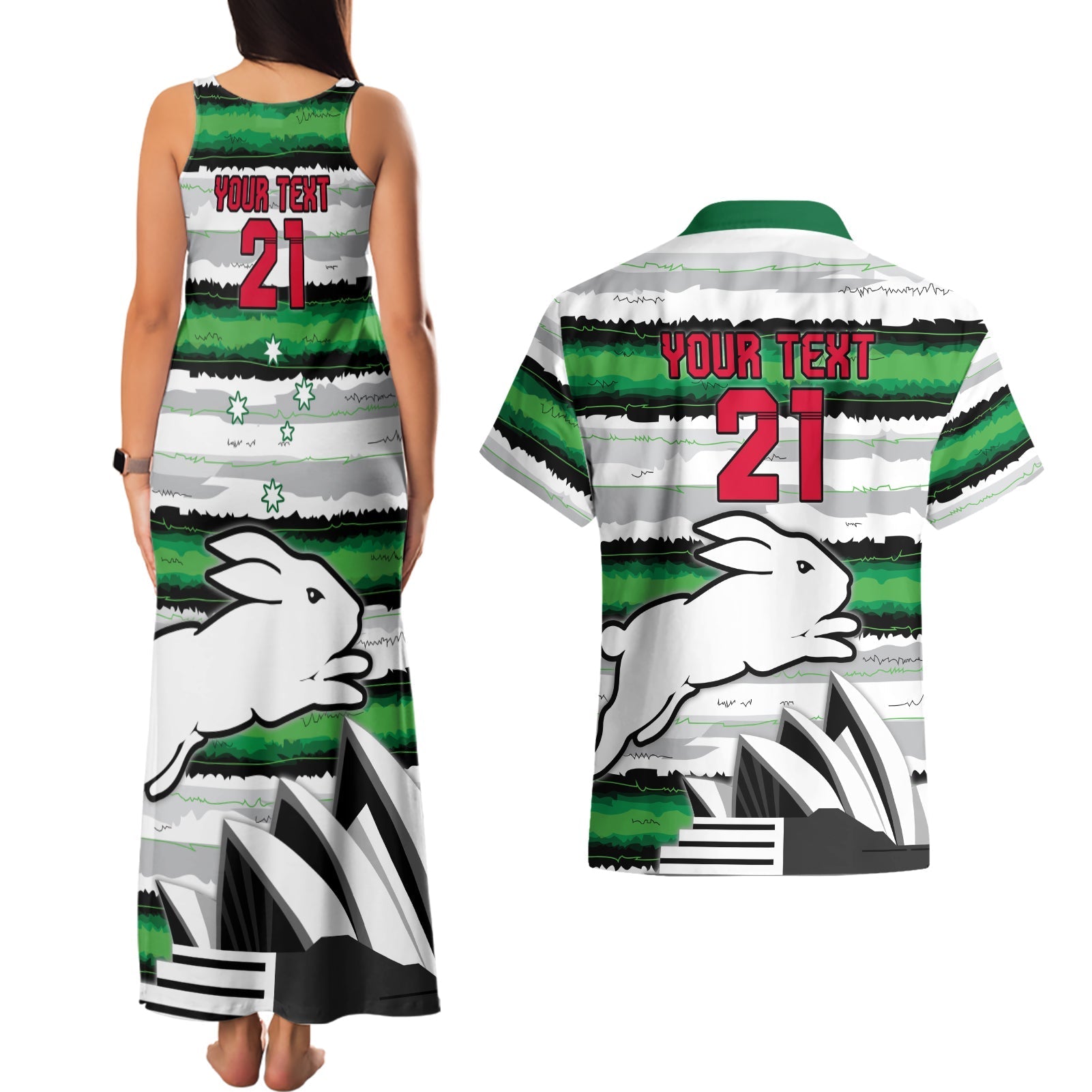 NRL Rabittohs Australia Day Custom Couples Matching Tank Maxi Dress and Hawaiian Shirt Sydney Opera House Glory Glory