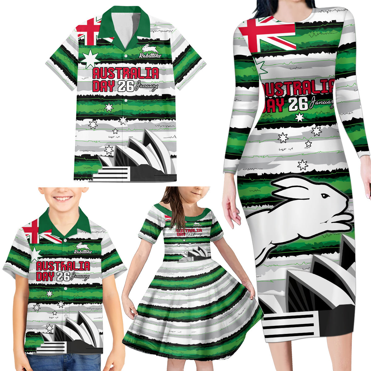 NRL Rabittohs Australia Day Custom Family Matching Long Sleeve Bodycon Dress and Hawaiian Shirt Sydney Opera House Glory Glory