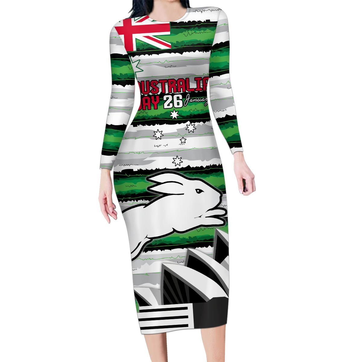 NRL Rabittohs Australia Day Custom Family Matching Long Sleeve Bodycon Dress and Hawaiian Shirt Sydney Opera House Glory Glory