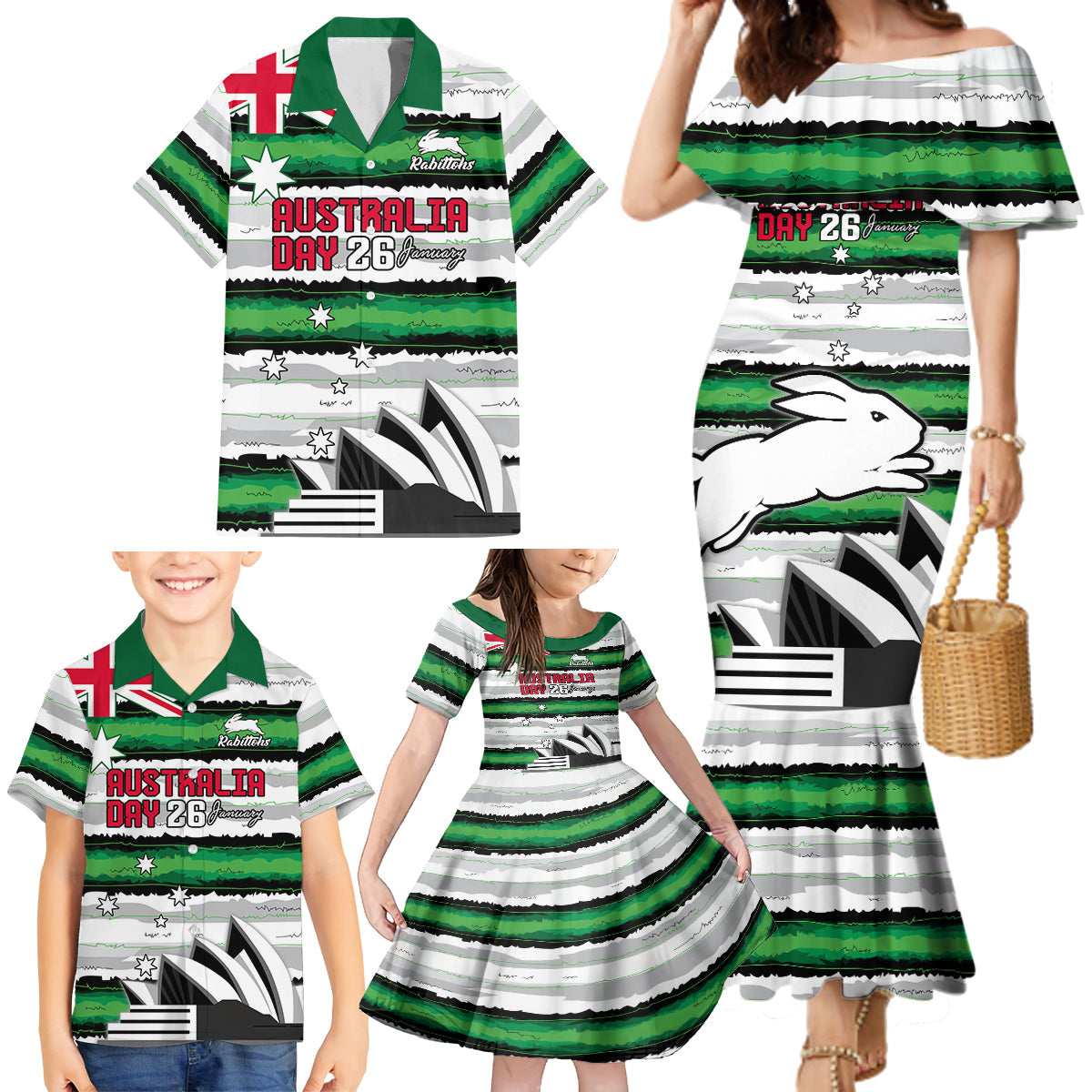 NRL Rabittohs Australia Day Custom Family Matching Mermaid Dress and Hawaiian Shirt Sydney Opera House Glory Glory