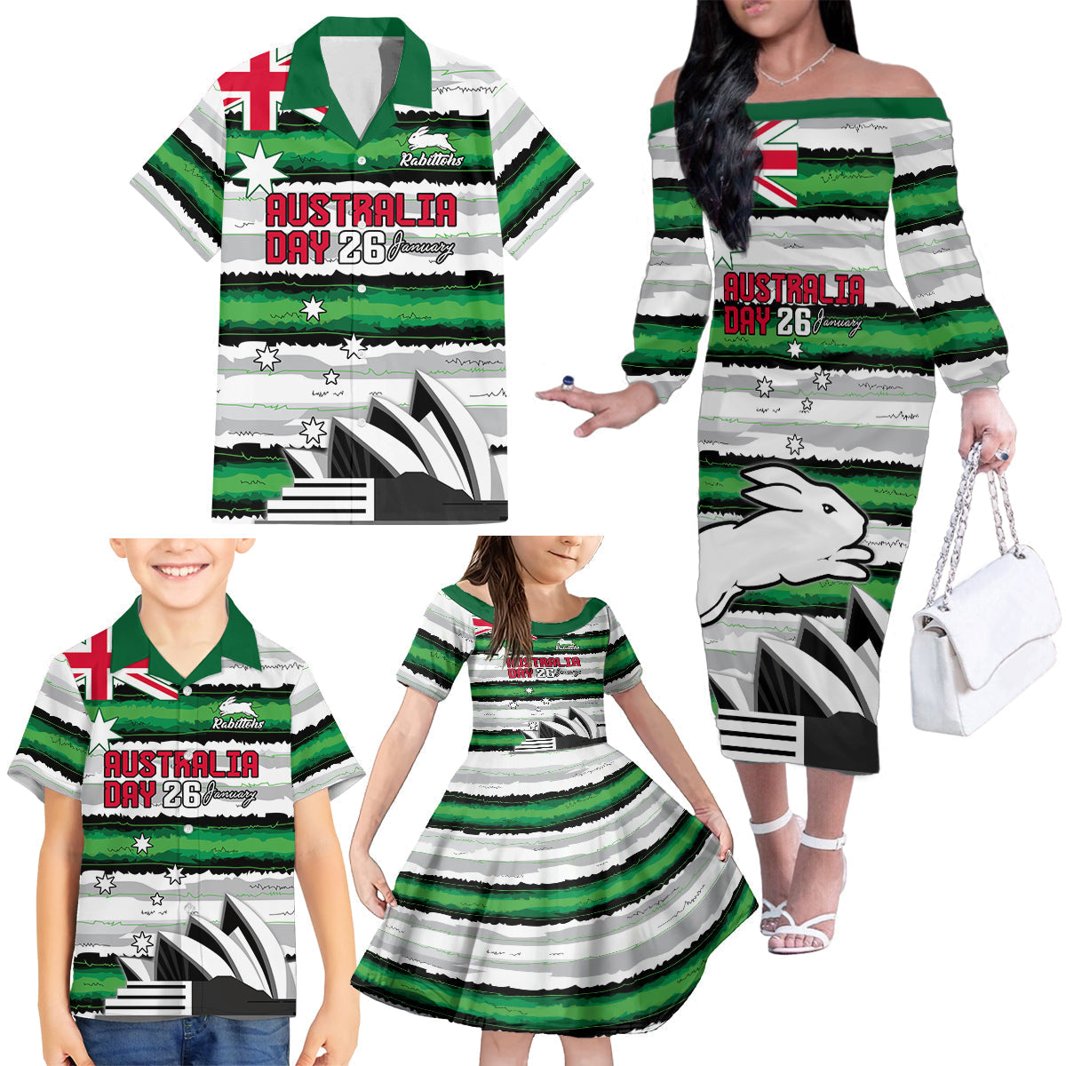 NRL Rabittohs Australia Day Custom Family Matching Off Shoulder Long Sleeve Dress and Hawaiian Shirt Sydney Opera House Glory Glory