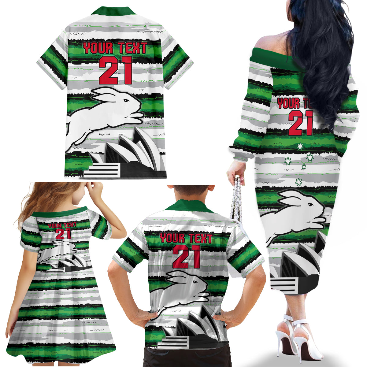 NRL Rabittohs Australia Day Custom Family Matching Off Shoulder Long Sleeve Dress and Hawaiian Shirt Sydney Opera House Glory Glory