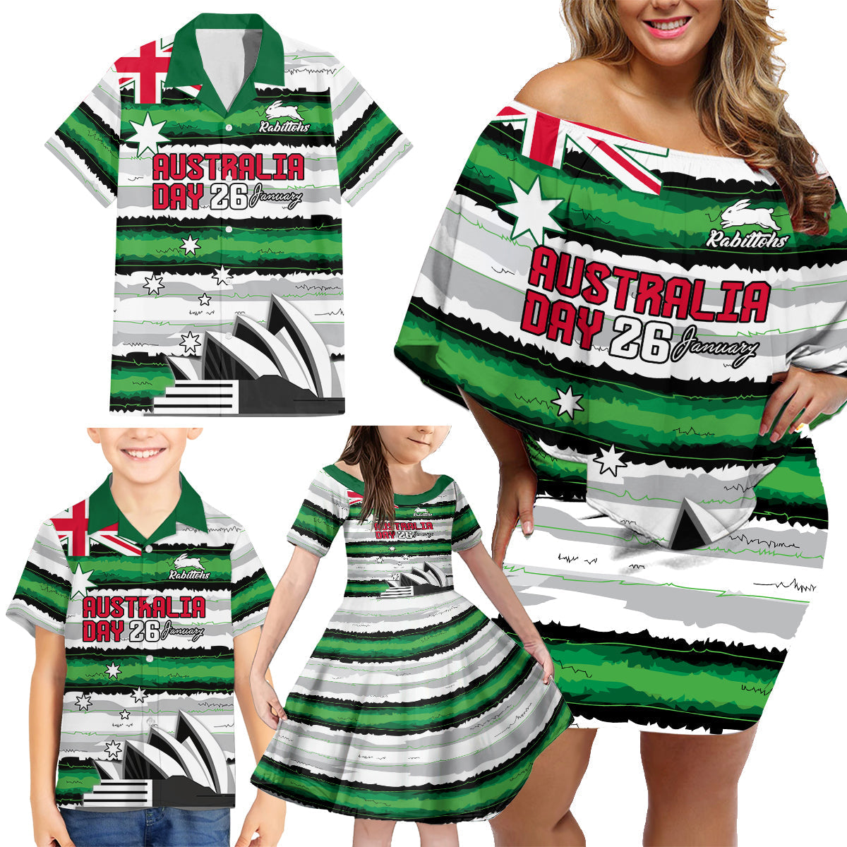 NRL Rabittohs Australia Day Custom Family Matching Off Shoulder Short Dress and Hawaiian Shirt Sydney Opera House Glory Glory