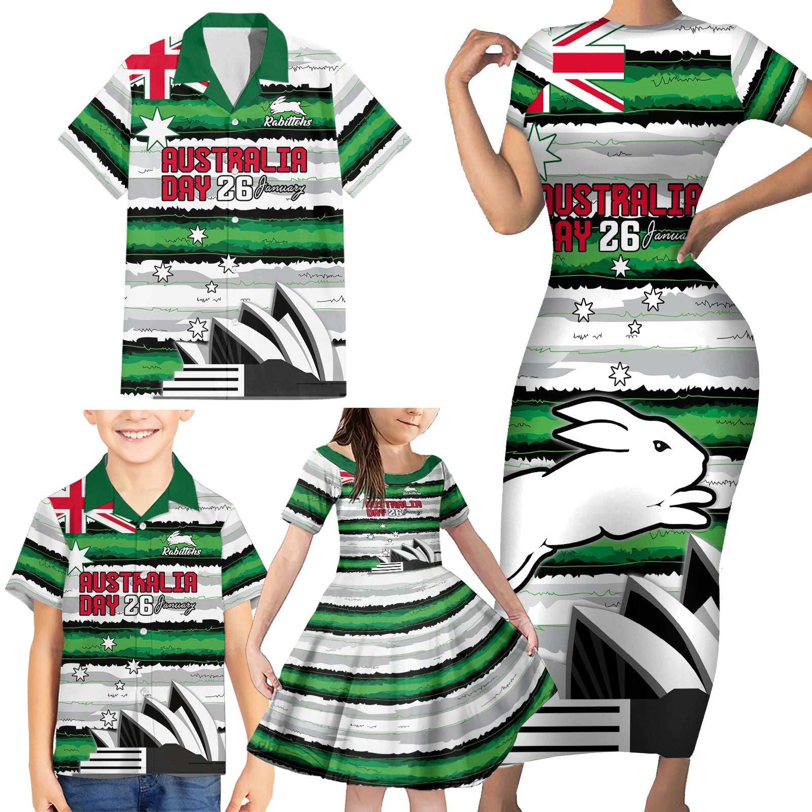 NRL Rabittohs Australia Day Custom Family Matching Short Sleeve Bodycon Dress and Hawaiian Shirt Sydney Opera House Glory Glory