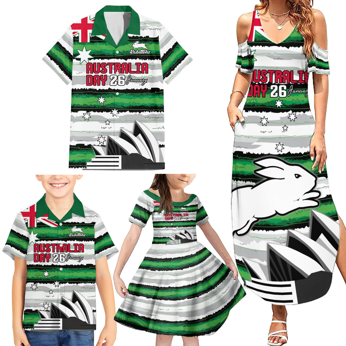 NRL Rabittohs Australia Day Custom Family Matching Summer Maxi Dress and Hawaiian Shirt Sydney Opera House Glory Glory