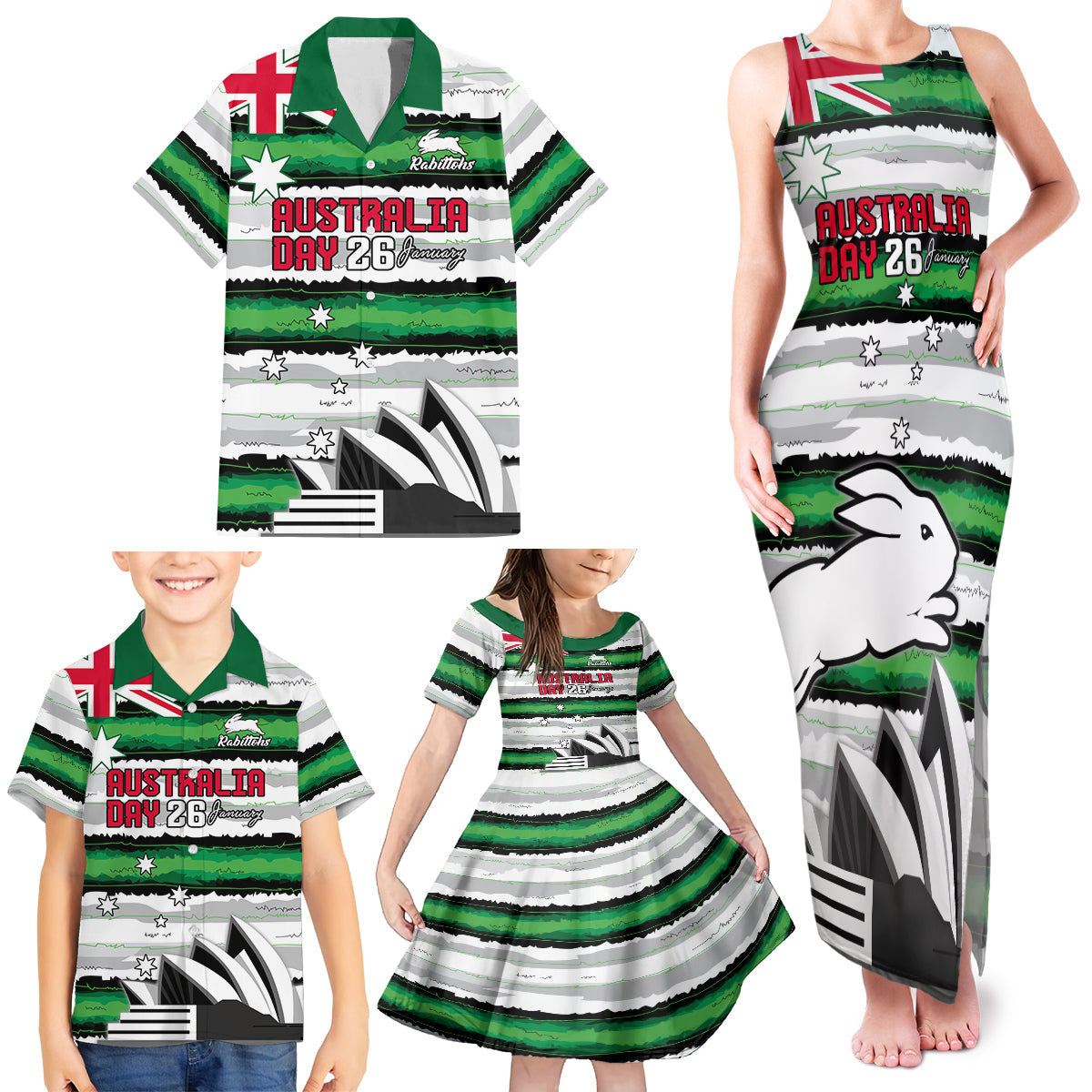 NRL Rabittohs Australia Day Custom Family Matching Tank Maxi Dress and Hawaiian Shirt Sydney Opera House Glory Glory